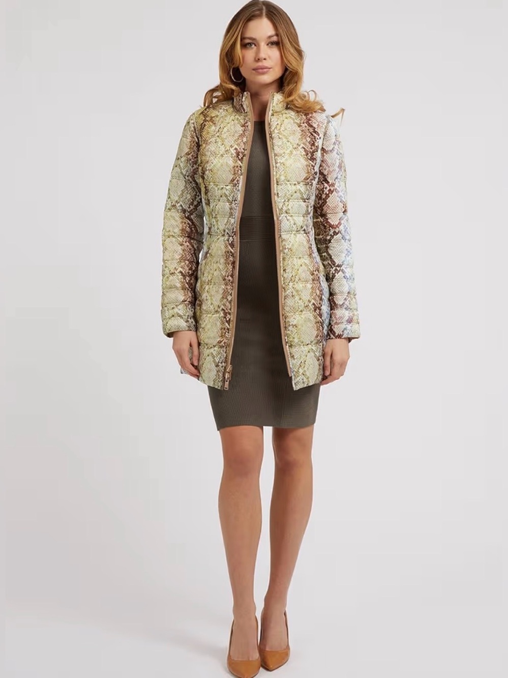 GUESS Y2K Eco Thermo Reversible Puffer Midi Jacket Taupe/Multicolor Snakeskin XS
